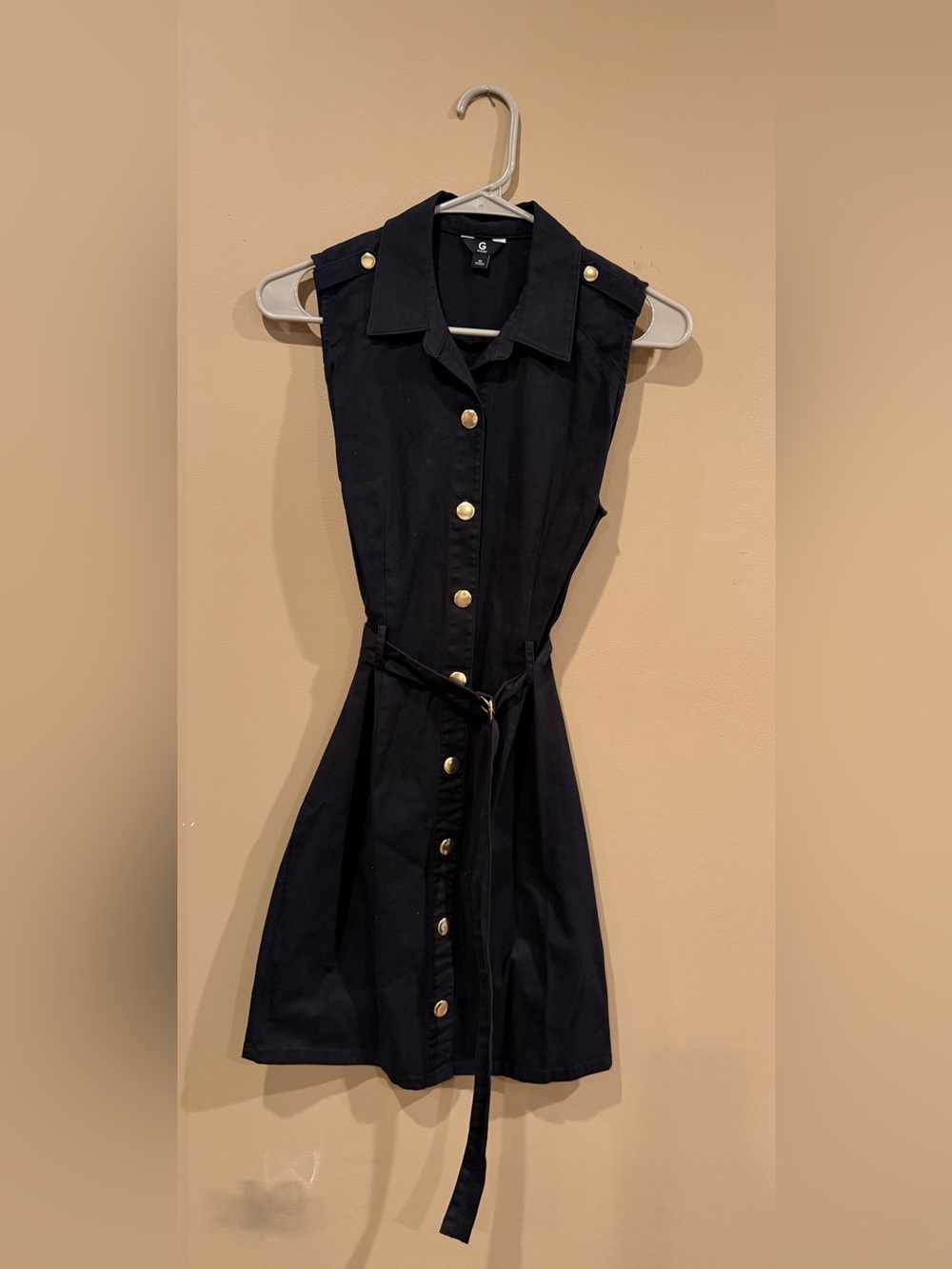 G by Guess Black Sleeveless Midi Shirt Dress with Gold Buttons